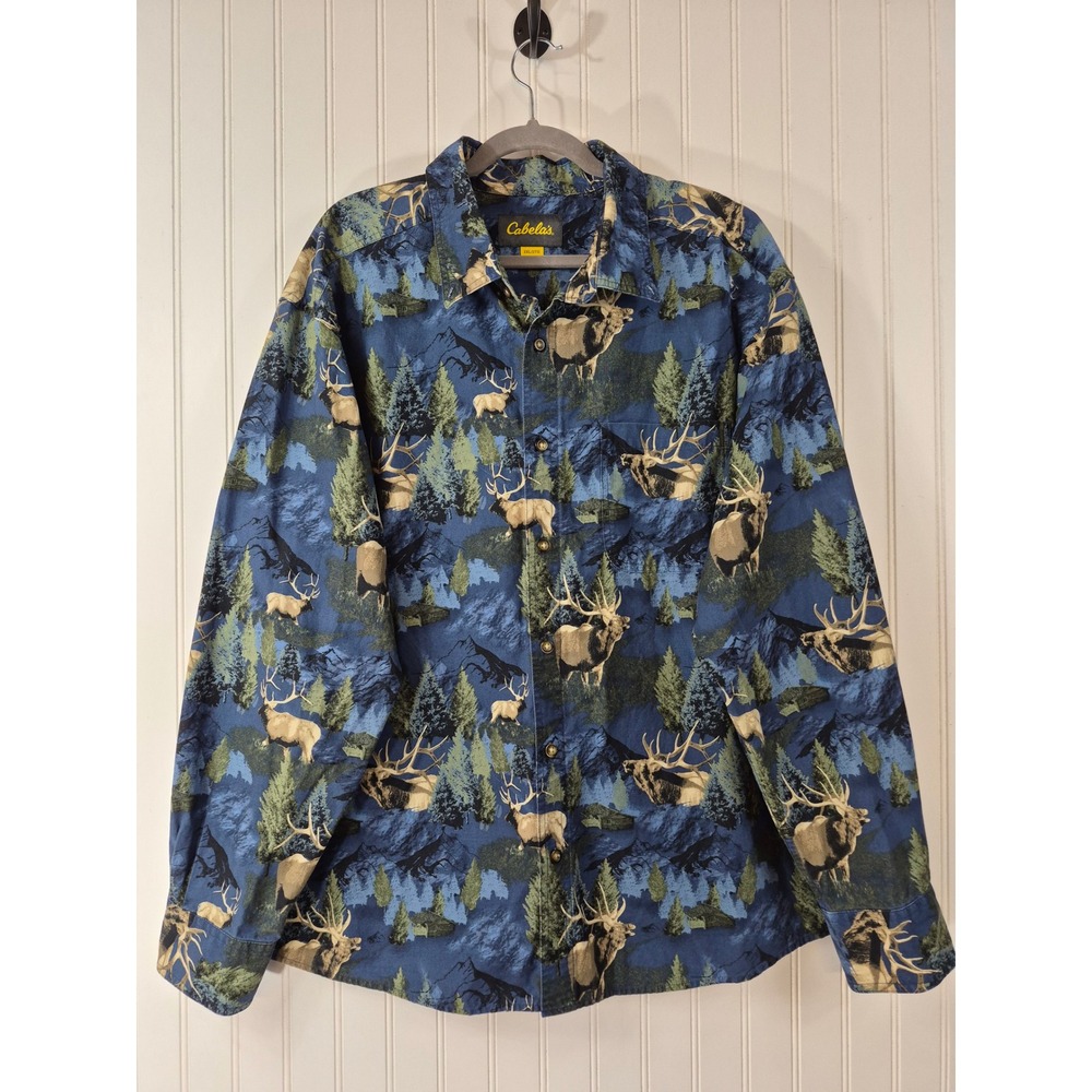 Cabelas Mens 2XL Elk Wildlife Print Cotton Button Down Shirt Blue Long Sleeve